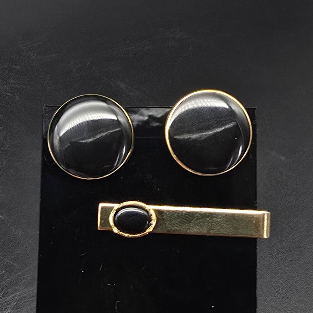 Gold Tone Black Enamel Round Cufflinks Tie Clip Tie Bar Set